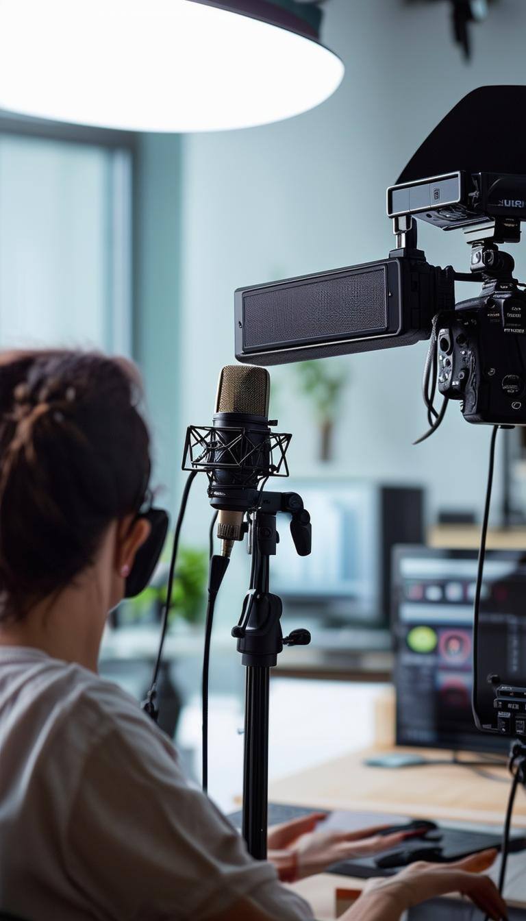 Professional Setup A person in a professional studio setting, with a camera, microphone, and lighting equipment, preparing for a webinar or recording